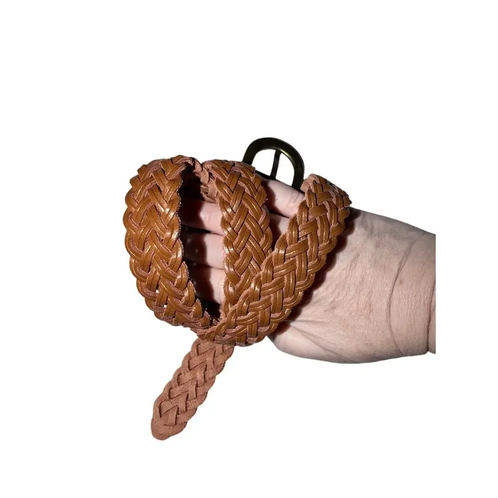 Tan leather braided belt made in Guatemala classic 34 unisex preppy nautical